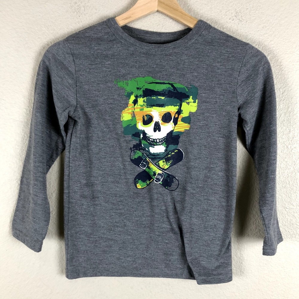 Cherokee Graphic Shirt Boys Small 6/7 Gray Long sleeve Skull Skateboard School‎